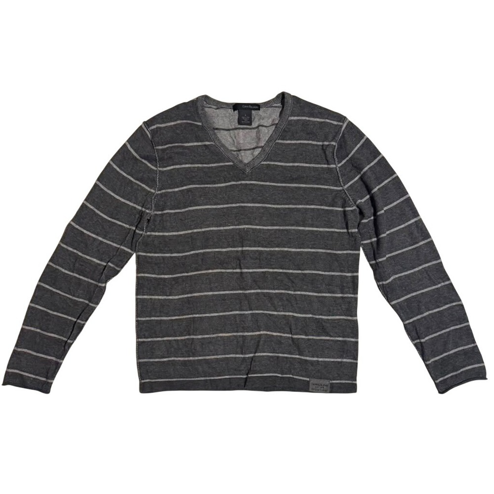 Calvin Klein Jeans Mens Gray Striped V-Neck Long Sleeve Knit Sweater Size M